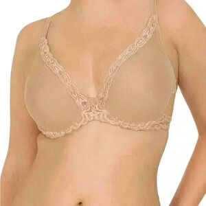 NATORI Beige Nude Cafe Lace Trim Mesh Feathers Plunge T-Shirt Bra | Size 34G